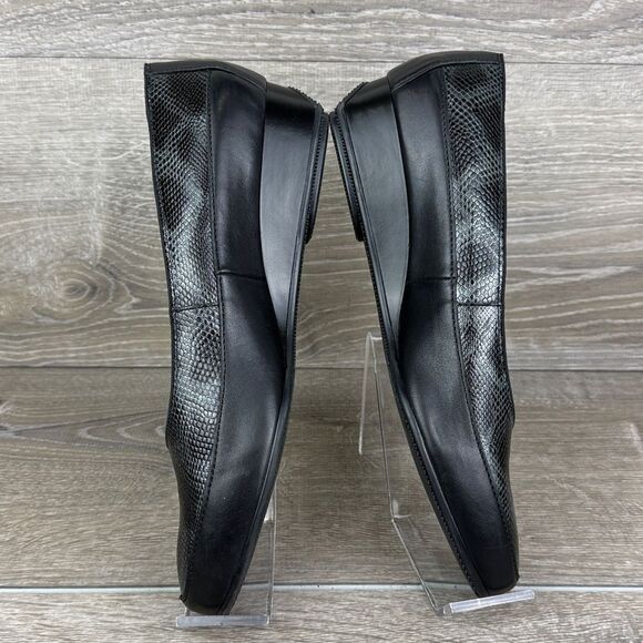Ara Black Gray Snakeskin Print Women’s Sz 8 Leather Slip On Wedge Loafers - Picture 9 of 11
